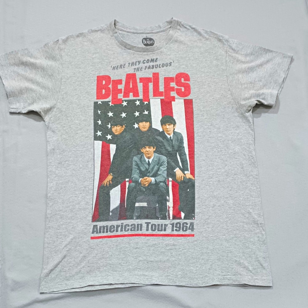 The Beatles American Tour 1964 Gray T-Shirt Size L Rock Pop Music Tee Apple Corp
